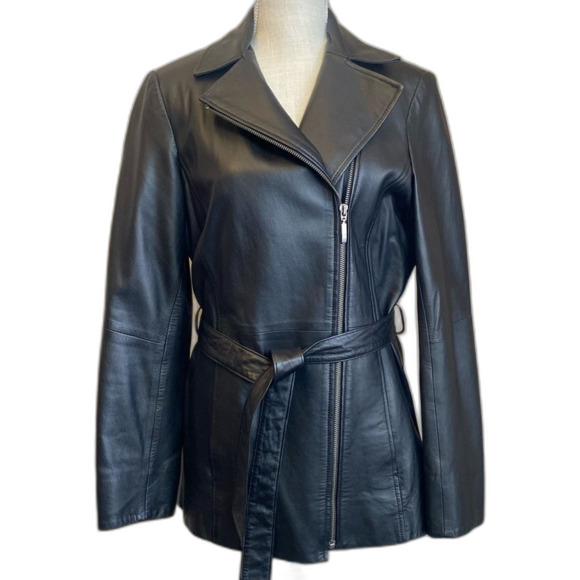 Overland 100% Leather Jacket Women’s Size Small EUC Removable Belt Asymmetrical - Picture 1 of 11